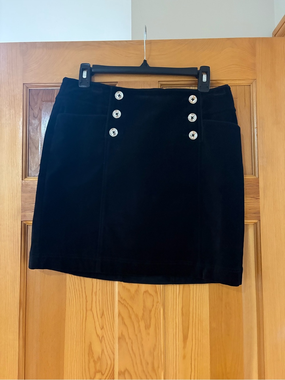 White House Black Market Black Velvet Mini Skirt with Silver Buttons